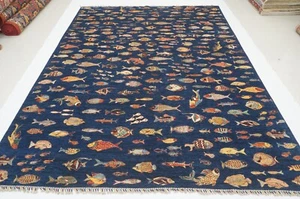 9 x 12 ft Navy Blue Fish Gabbeh Afghan Hand Knotted Wool Tribal Area Rug - Picture 1 of 16
