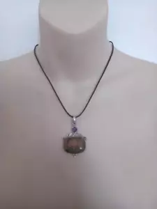 Rhodochrosite, Amethyst & 925 Silver Pendant on a Cord Necklace - Picture 1 of 5