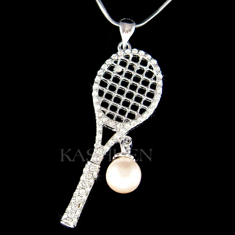 Grande Racchetta da Tennis IN Swarovski Cristallo Perla Sfera SPORTS Collana - Immagine 1 di 1