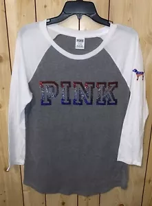 T-shirt donna rosa Victoria's Secret media raglan logo paillettes bling - Foto 1 di 5
