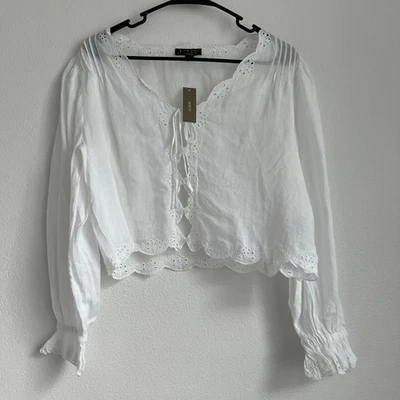 Parte superior delantera J Crew con ribete de vieira en Ramie pequeña recortada defecto blanco transparente Foto 1 de 4