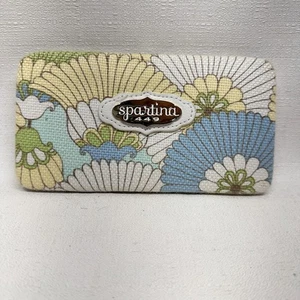 Cartera rectangular SPARTINA 449 amarilla azul verde lino cuero cierre beso - Imagen 1 de 5