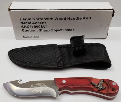 Cuchillo águila calva con mango de madera espiga completa hoja fija gancho intestinal con funda Foto 1 de 4
