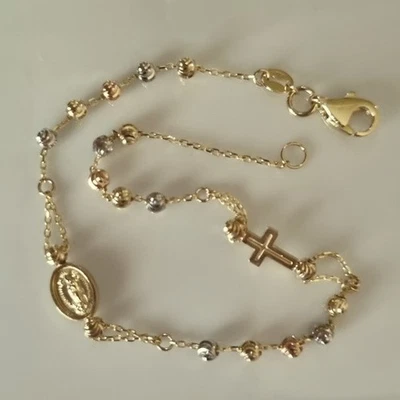Pulsera de cuentas rosario de oro amarillo rosa y blanco de 9 quilates con cruz y medalla. ÚNICO. Foto 1 de 3