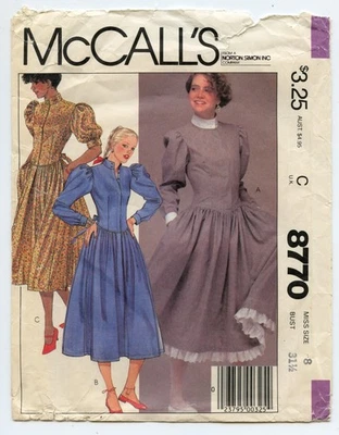 McCalls 8770 Drop Waist Puff Sleeve Western Prairie Style Dress Size 8 Uncut - Image 1 of 3