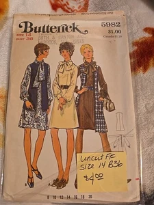 🌺 1970 BUTTERICK #5982-LADIES BEAUTIFUL BOW TIE DRESS & LONG VEST PATTERN 14 FF - Picture 1 of 2