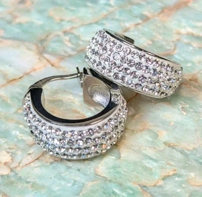 Pendientes de aro de gancho con incrustaciones de cristal de acero inoxidable tono plata para mujer  Foto 1 de 4