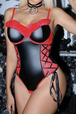 Сексуальный PU кожаный, искусственного меха и кружева UW боди плюшевое белье шнурует вверх стороны XL новый - Изображение 1 из 4