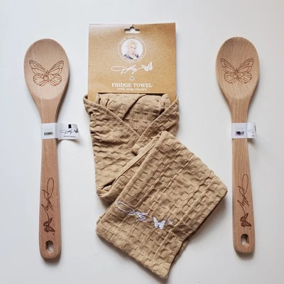 Dolly Parton Lot 2 Wooden Spoon 1 Embroidered Fridge Towel Butterfly Wood Spoons - Image 1 of 4