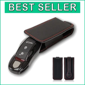 Premium Calfskin Leather Key Cover for Porsche Key Fob - Black with Red Stitch - Picture 1 of 8