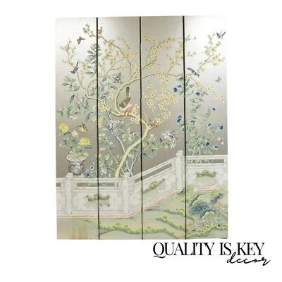 De colección Chinoiserie Hoja Plateada Pájaros Mariposas 4 Paneles Pantalla Divisor de Habitación A Foto 1 de 4