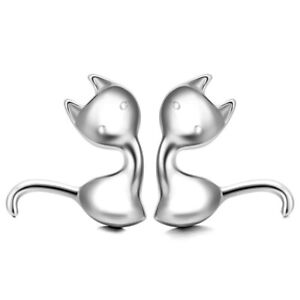Women's Silver Cute Cat Post Stud Earrings Women Kitten Animal Fine Jewelry Gift