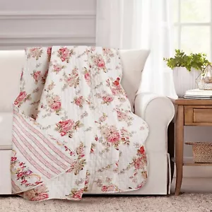 Spring Peony Pink Red Floral Printed Reversible Cotton Quilted Throw  - Picture 1 of 5