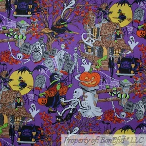BonEful Fabric FQ Cotton Quilt Purple B&W Halloween Scenic House Moon Witch Mask - Picture 1 of 12