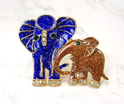 Broche prendedor elefante con dos elepants en colores azul y marrón brillante - Nuevo Foto 1 de 4