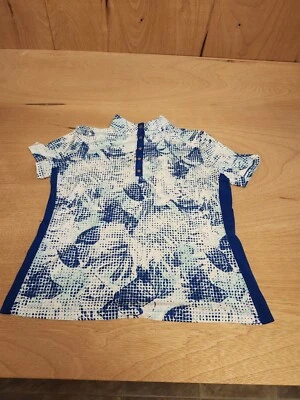 Coral Bay 女式高尔夫衬衫蓝色几何性能磨损合身尺寸 PM UPF 25 — 第 1/4 张图片