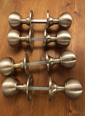 4x Pairs Satin Nickel Beehive REEDED Victorian Antique MORTICE Knob DOOR HANDLE Cover