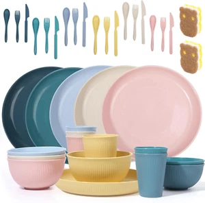 Wheat Straw Dinnerware Set 36Pcs Unbreakable for 6 Lightweight Camping Microwave - Picture 1 of 12