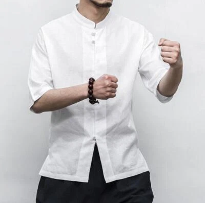 Summer Men Solid Shirts Casual Cotton linen Tops Chinese Style buckle T-shirts - Image 1 of 4