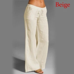 Womens Cotton Linen Wide Leg Trousers Elastic High Waist Loose Pants Baggy Plus - Picture 1 of 22
