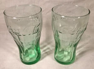 2 16 OUNCE GREEN GLASS COCA COLA ADVERTISING SODA FOUNTAIN STYLE GLASSES - Picture 1 of 1