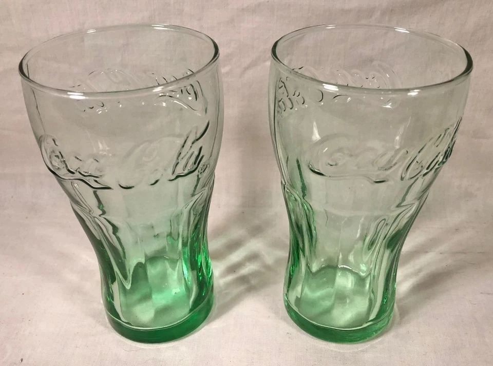 2 16 OUNCE GREEN GLASS COCA COLA ADVERTISING SODA FOUNTAIN STYLE GLASSES - Image 1 of 1