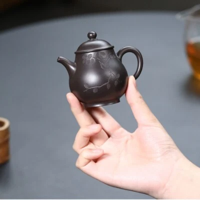 3.4oz kungfu tea pot real yixing zisha black zhu clay handmade bird carved pot - Image 1 of 4
