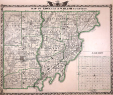Old 1876 Plat Atlas Map ~ EDWARDS & WABASH Co., ILLINOIS / WAYNE Co. on Reverse