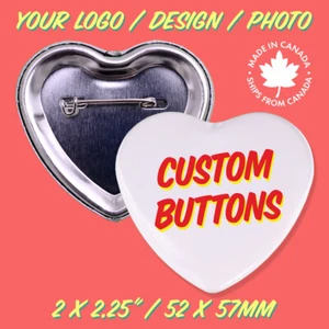 10 x 2.25" CUSTOM HEART SHAPE PINBACK BUTTONS pin badge personalized wedding - Imagen 1 de 2
