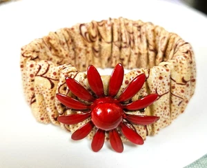 Unique One-of-a-Kind Handmade Fabric Elastic Bracelet w/Red Flower Brooch - Picture 1 of 3