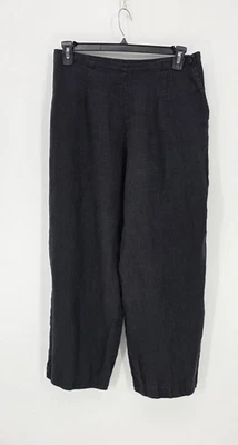 Pantalones de lino 100 % lino pierna ancha negros cintura elástica botones laterales Lagenlook talla M Foto 1 de 4