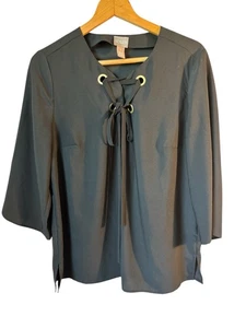 Chico's 3/4 Sleeve Lace Tie Black Blouse size 1 Medium Business Office Staple - Picture 1 of 7