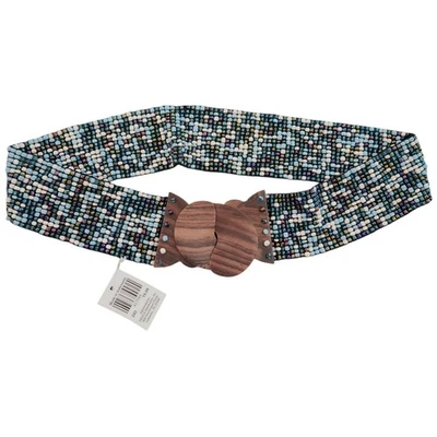 Boho Southwestern Beaded Stretch Belt Black Brown Wooden Interlocking Buckle NWT - Image 1 of 4
