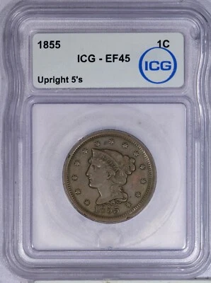 1855 Braided Hair Large Cent 1c ICG EF45 XF45 - Upright 5's - Image 1 of 2