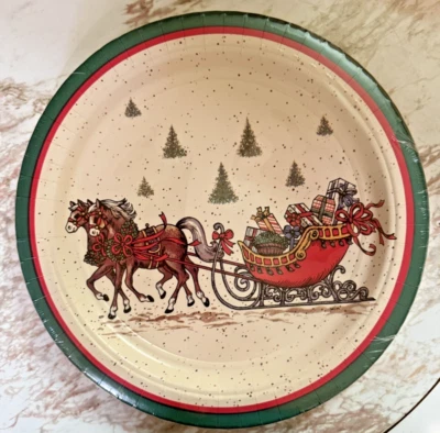 Vintage Potpourri Press 10.5" Christmas Horses Sleigh Buffet Paper Plates - Image 1 of 2