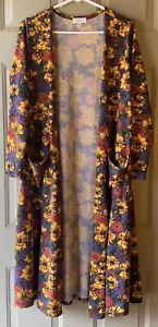 LuLaRoe Sarah Women's Long Cardigan Size Medium Yellow Purple Red Flowers - Picture 1 of 5