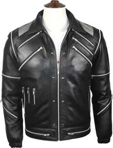 Michael Jackson Beat it "MJ Beat it" Mens Real Black Leather Jacket - Picture 1 of 5