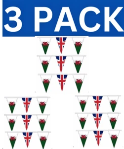 3 PACKS 80th VE Day Wales Welsh & Union Jack 10 Metre's 20 XL Flags Bunting - Picture 1 of 9