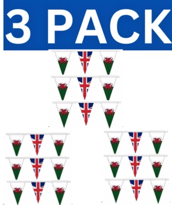3 X Wales Welsh & Union Jack Remembrance Day 10 Metre's 20 XL Flags Bunting - Image 1 of 4