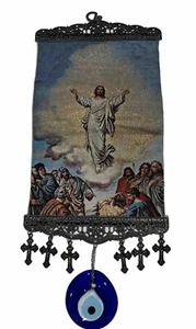 Turkish Tapestry Wall Hanging Jesus Icon with Glass Evil Eye Gold Religious - Picture 1 of 5
