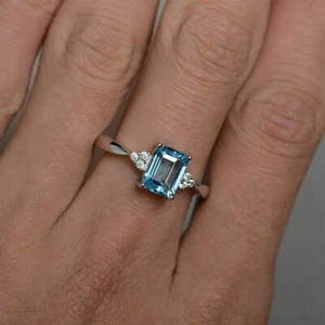 3Ct Emerald Cut Aquamarine Diamond Solitaire Engagement Ring 14k White Gold Over - Picture 1 of 6