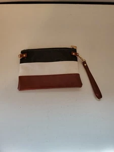 FUNKY MONKEY Blue White Brown Striped Wristlet Clutch Purse - Picture 1 of 15