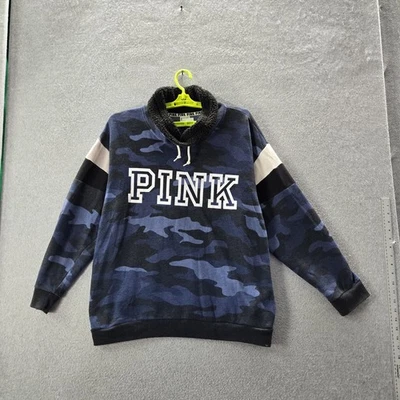 PINK Victoria's Secret Women Sweatshirt L Blue Camouflage Fleece Logo Cowl Neck - Изображение 1 из 4