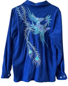 BOB MACKIE WEARABLE ART giacca blu zip taglia grande ricamata fenice - Foto 1 di 12
