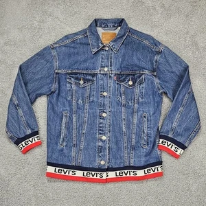 Levi’s Premium Men's S Rib Hem Trucker Blue Denim Jacket Logo Tape Trim - Picture 1 of 13