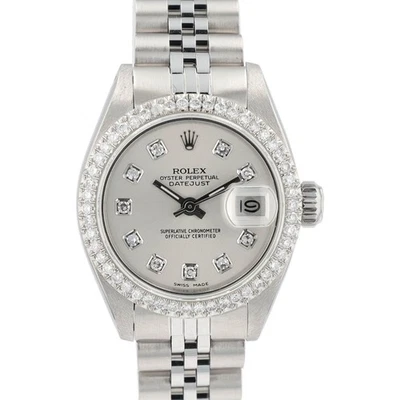 Reloj Rolex Datejust para dama de acero inoxidable con esfera y bisel de diamantes plateados Foto 1 de 4