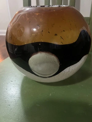  Ваза черная оранжевая белая с крапинками с 3 прозрачными стеклянными круглыми областями высотой 7 дюймов  - Изображение 1 из 2