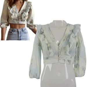 Zara Ruffle Blouse Tie Dye Crop Top Poplin Blue Yellow Button Front Bohemian XS - Picture 1 of 19