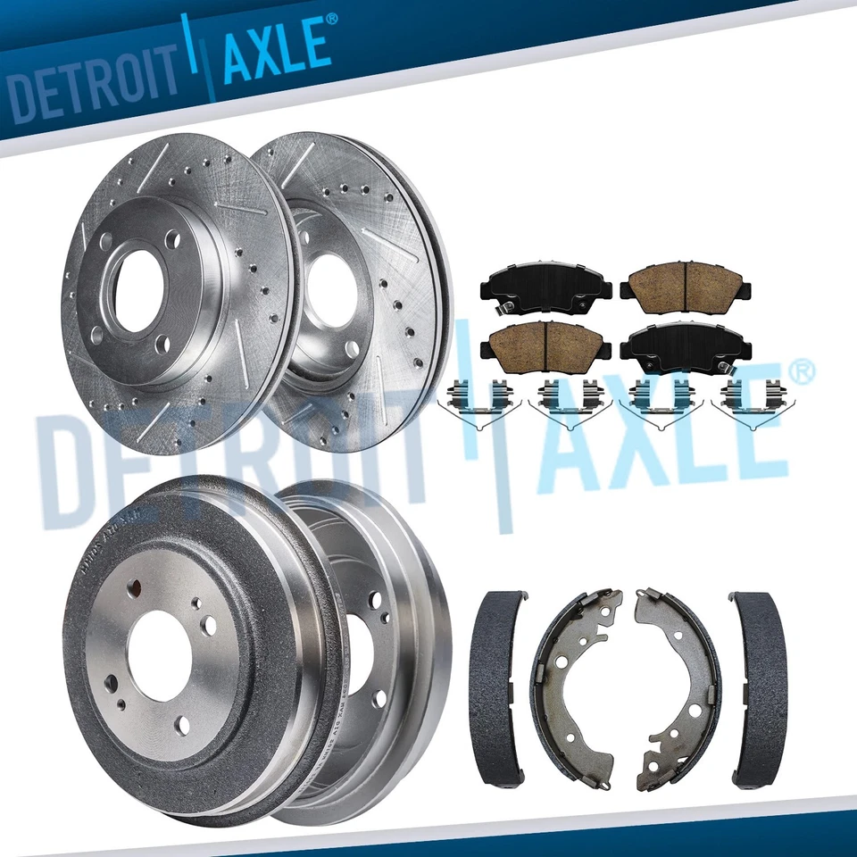 Rotores e pastilhas frontais perfurados tambores e sapatas de freio traseiro para 2009-2013 Honda Fit - Imagem 1 de 4