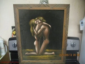 VINTAGE MCM Black Velvet Painting LOVERS COUPLE NAKED NUDE MAN WOMAN EMBRACING - Picture 1 of 3